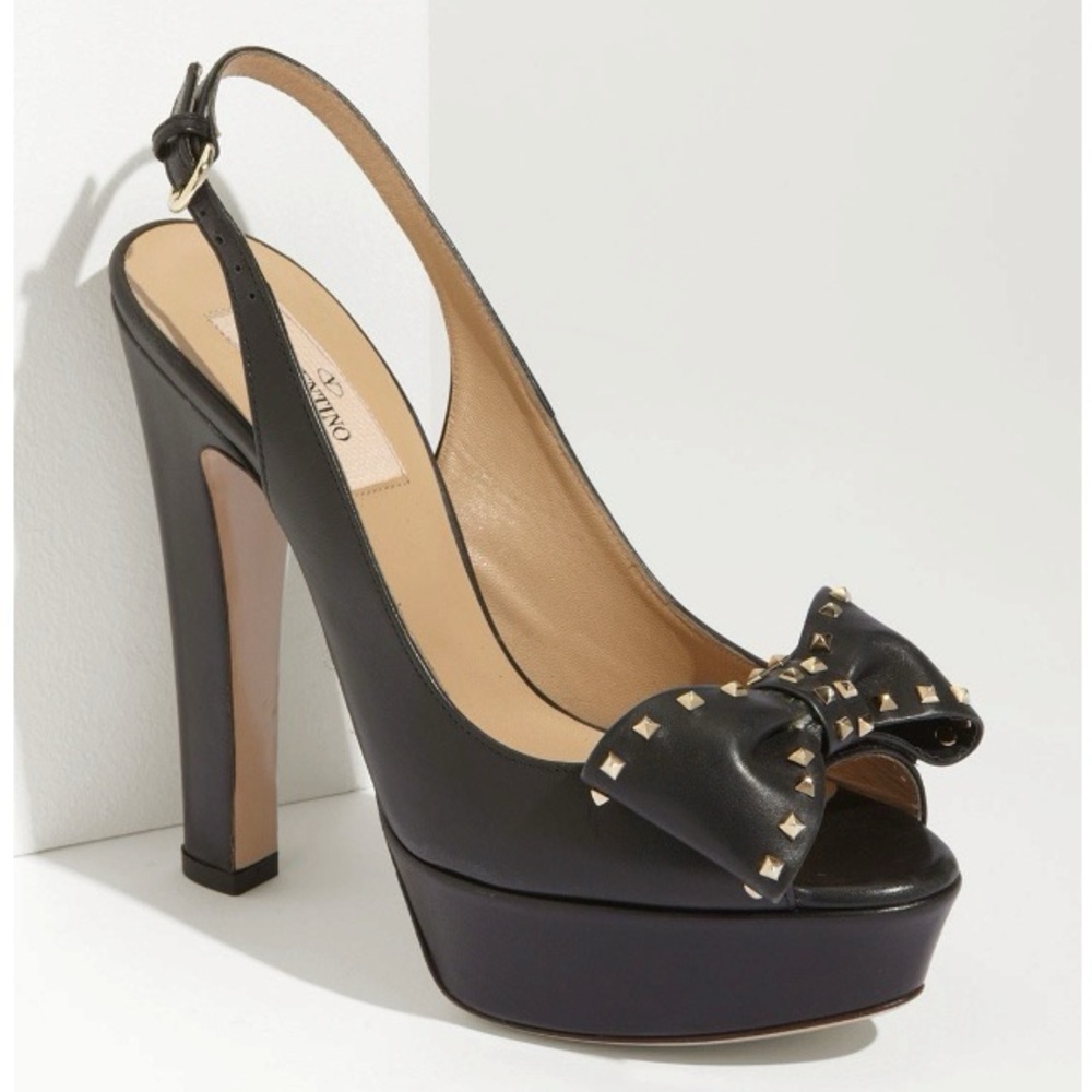 Authentic Valentino Black Leather Heels with Bow and Studs